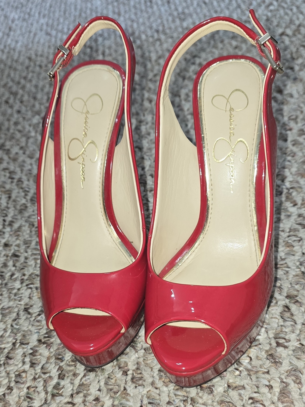 Jessica Simpson Bisano Red Patent Peep-Toe Slingback Heels - Picture 2 of 3